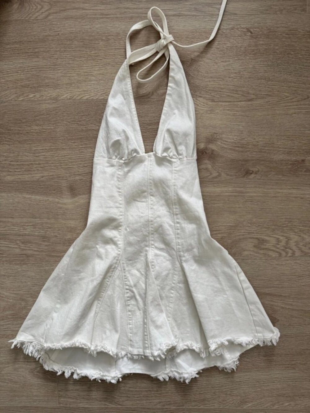 White Halter Denim Mini Dress with Frayed Hem Size S